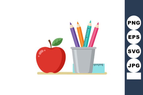 Red Apple with Colorful Pencils and Rule Graphics